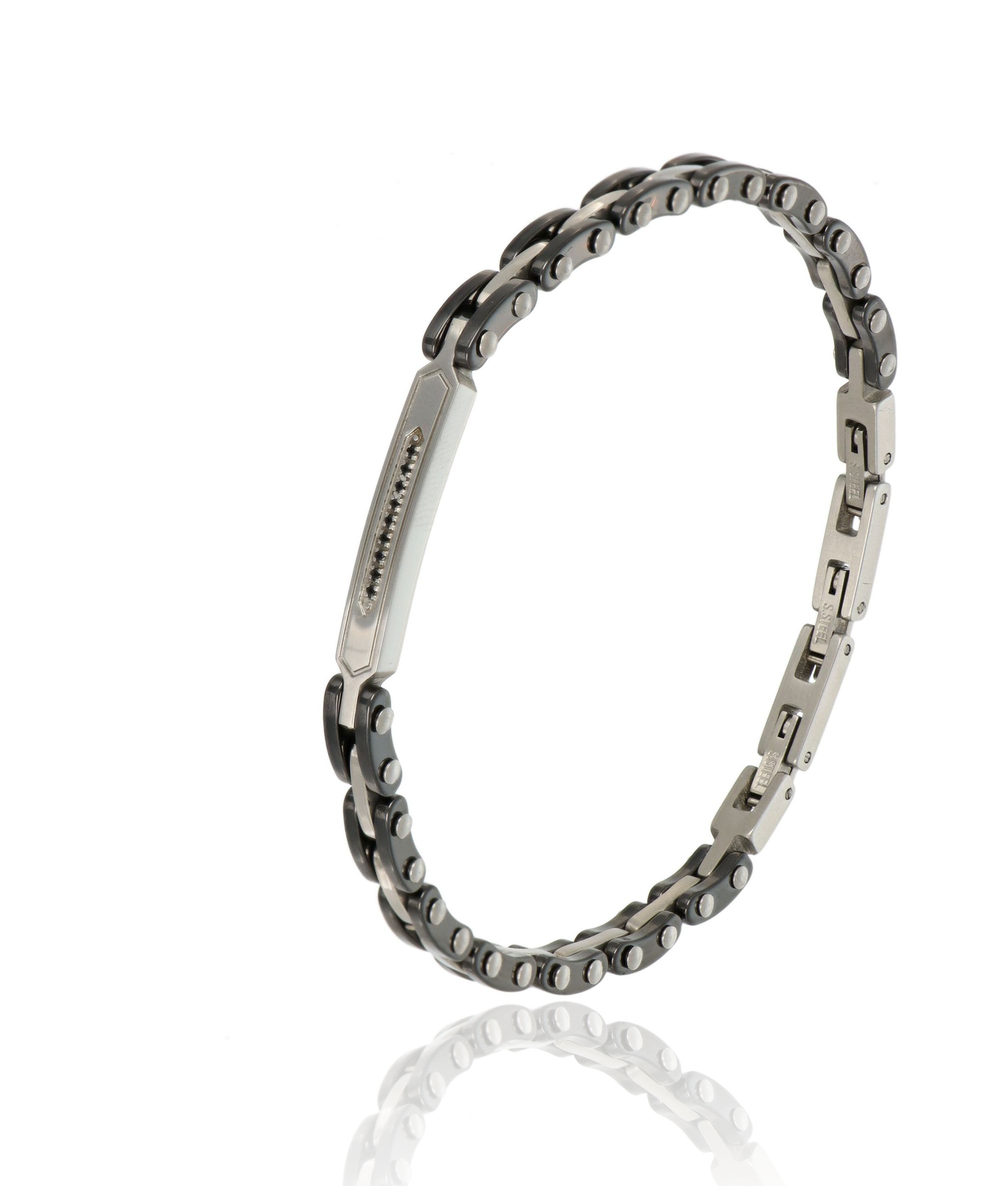 Bracciale uomo ceramica con targa e zirconi neri in Acciaio