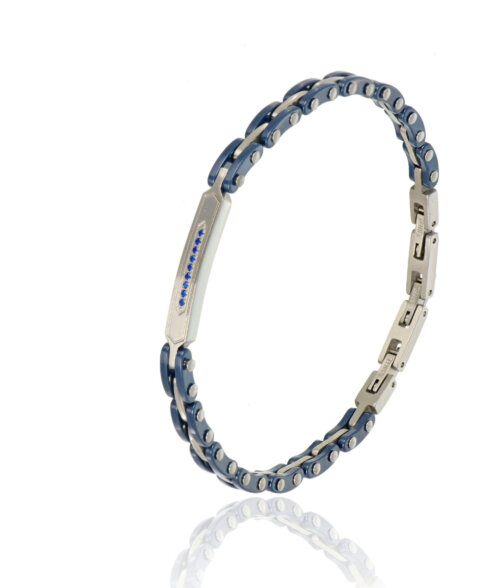 Bracciale uomo ceramica con targa e zirconi blu' in Acciaio