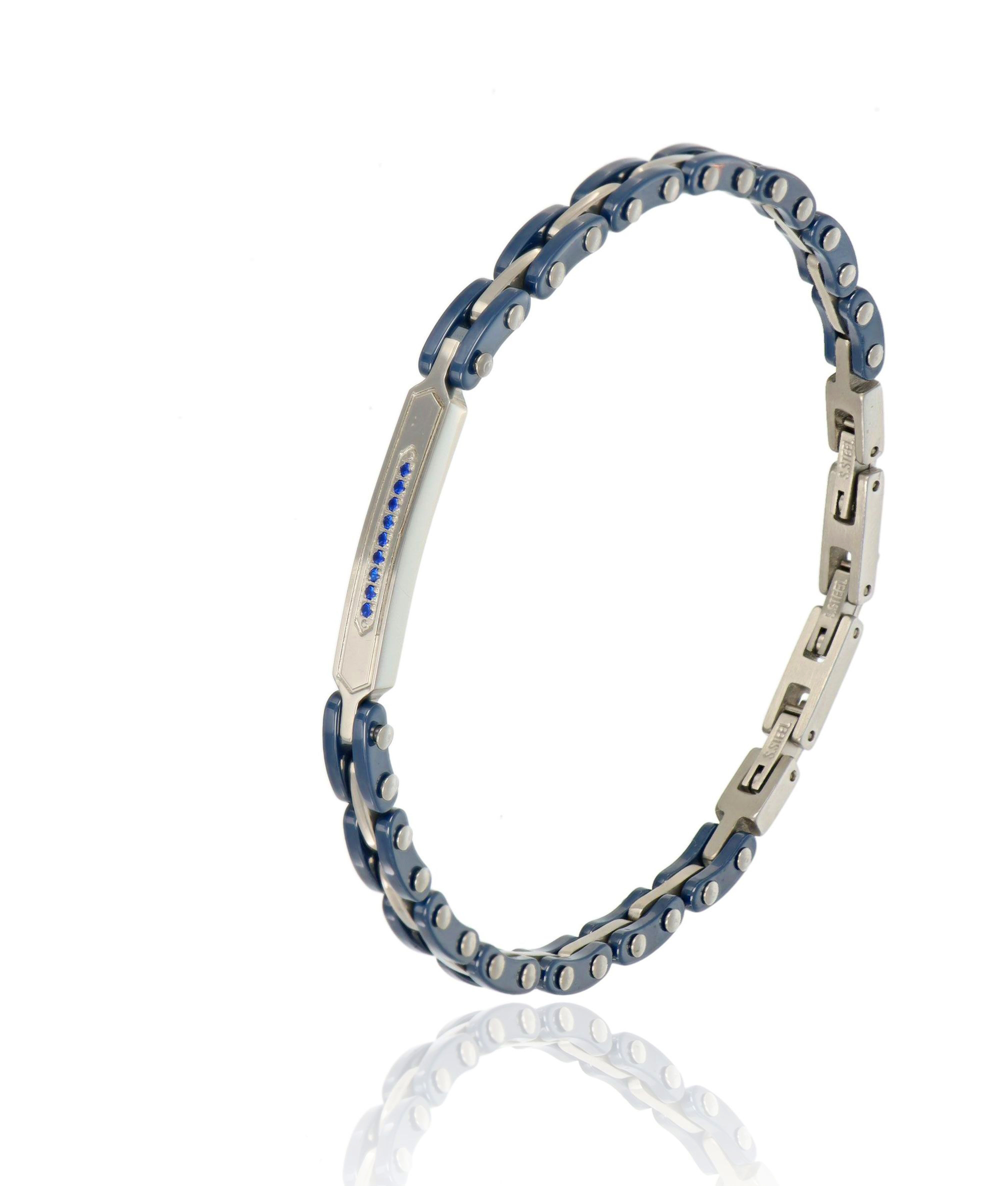 Bracciale uomo ceramica con targa e zirconi blu' in Acciaio