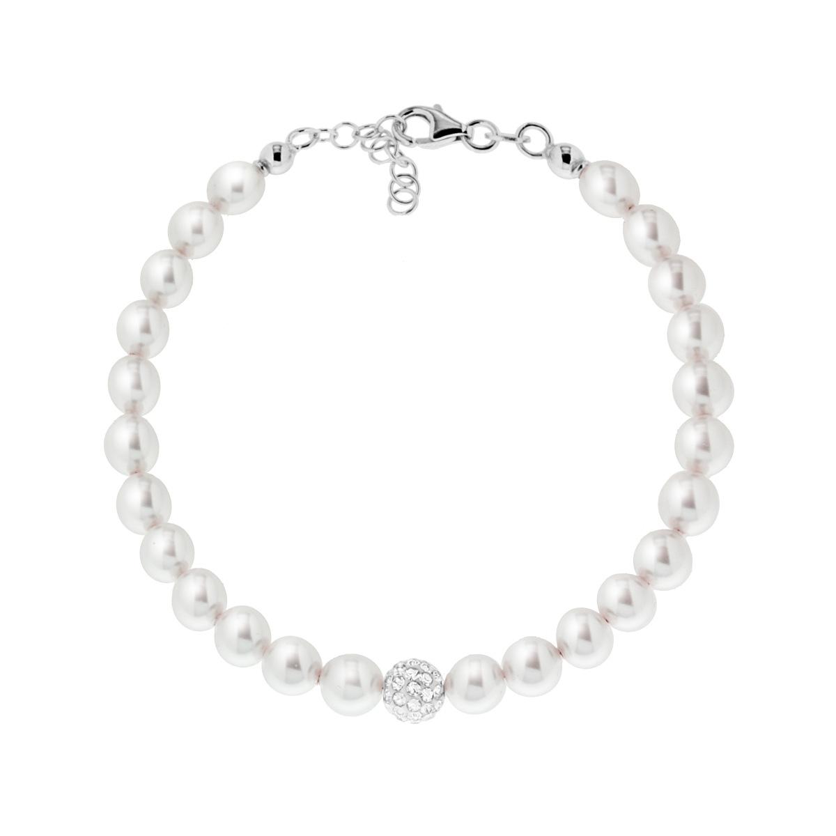 Bracciale perle 6mm con sfera pavè in arg 925%