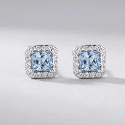 Orecchino quadrato zirconi in argento 925 – Acquamarina