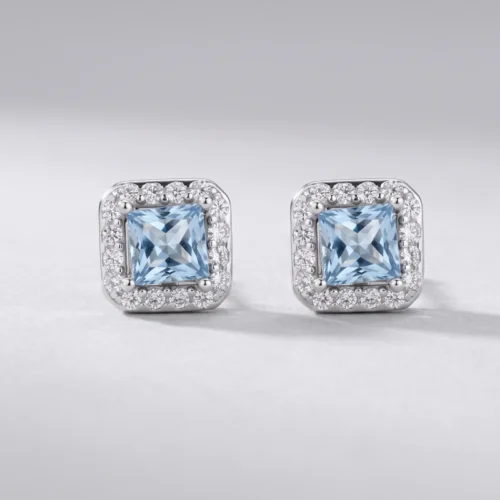 Orecchino quadrato zirconi in argento 925 – Acquamarina